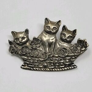1987 Seagull Pewter Canada Brooch Three Cats in Basket Floral Pin Vintage